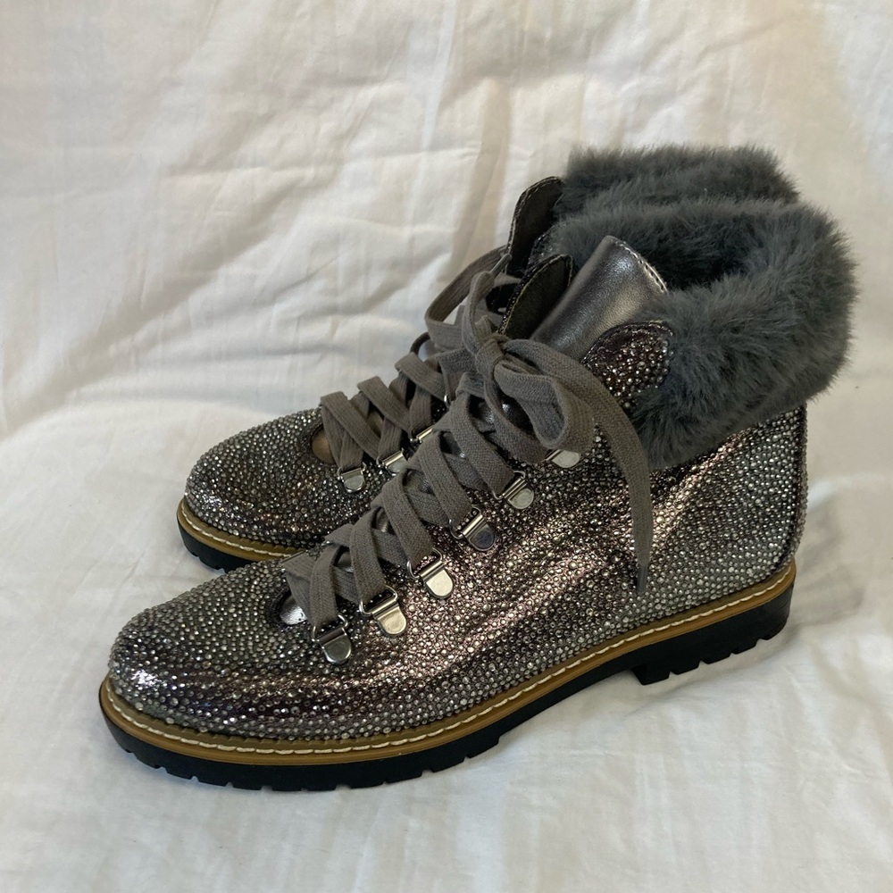 8-19 INC moto Boots Gray 8.5 Rhinestone Bling Faux Fur Trim Lace Up